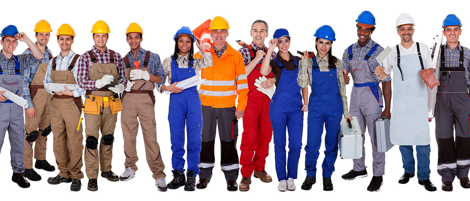 Group Of Construction Workers Standing Over White Background Schlagwort(e): Wrench, African Descent, Service, Women, Female, Men, Male, Group Of People, Protective Glove, Print, Afro, Plumber, Electrician, Toolbox, Building Contractor, Carpenter, Pipe, Mechanic, Young Adult, Smiling, Holding, Repairing, Backgrounds, Caucasian, Expertise, Improvement, Happiness, Confidence, Blue, Industry, Construction, Architect, Manual Worker, Craftsperson, Painter, People, Studio, Spanner, Work Tool, Document, Paint, Uniform, Isolated